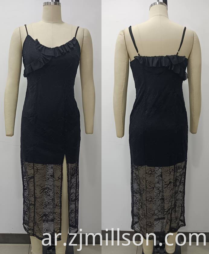 Knitting Black Lace Shoulder Staps Slit Dress